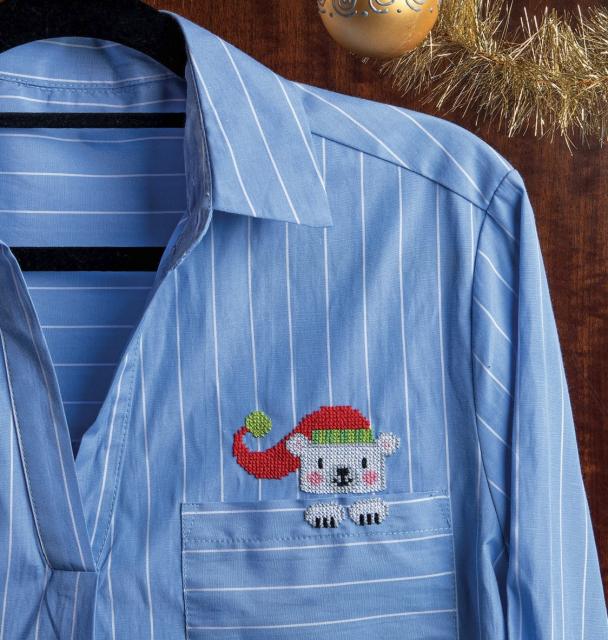 Схема вышивания крестом - Новогодний мишка на рубашке